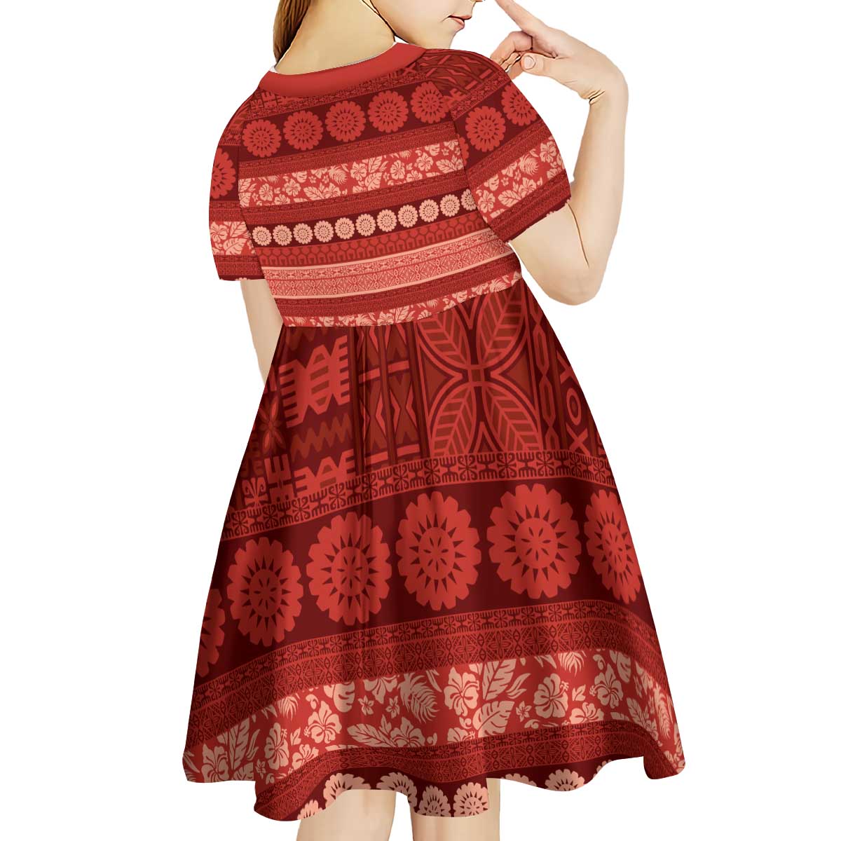 Fiji Marau na Kerisimasi Kid Short Sleeve Dress Red Tapa Masi Inspired Christmas - Polynesian Pride