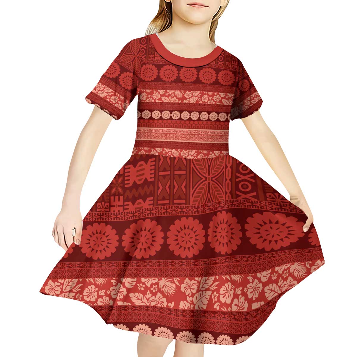 Fiji Marau na Kerisimasi Kid Short Sleeve Dress Red Tapa Masi Inspired Christmas - Polynesian Pride