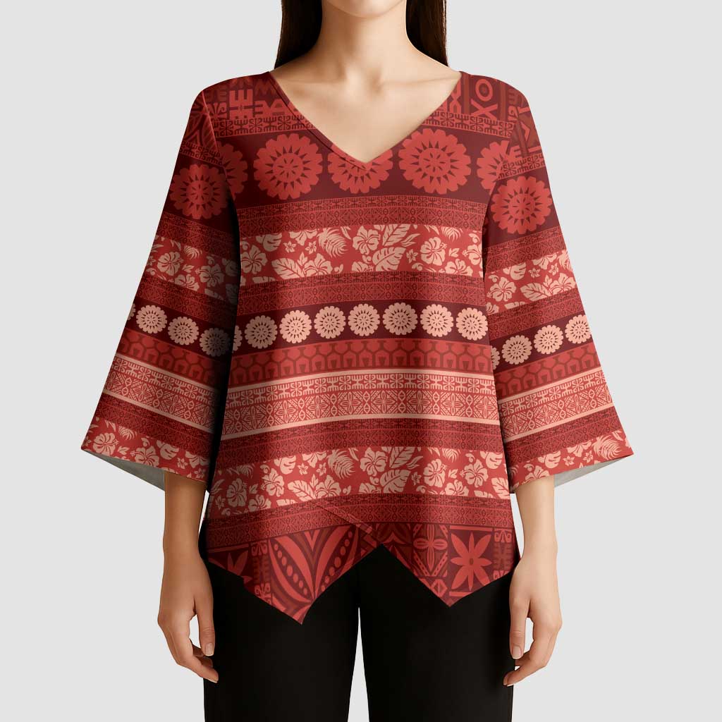 Fiji Marau na Kerisimasi Kimono Sleeve Blouse Red Tapa Masi Inspired Christmas - Polynesian Pride