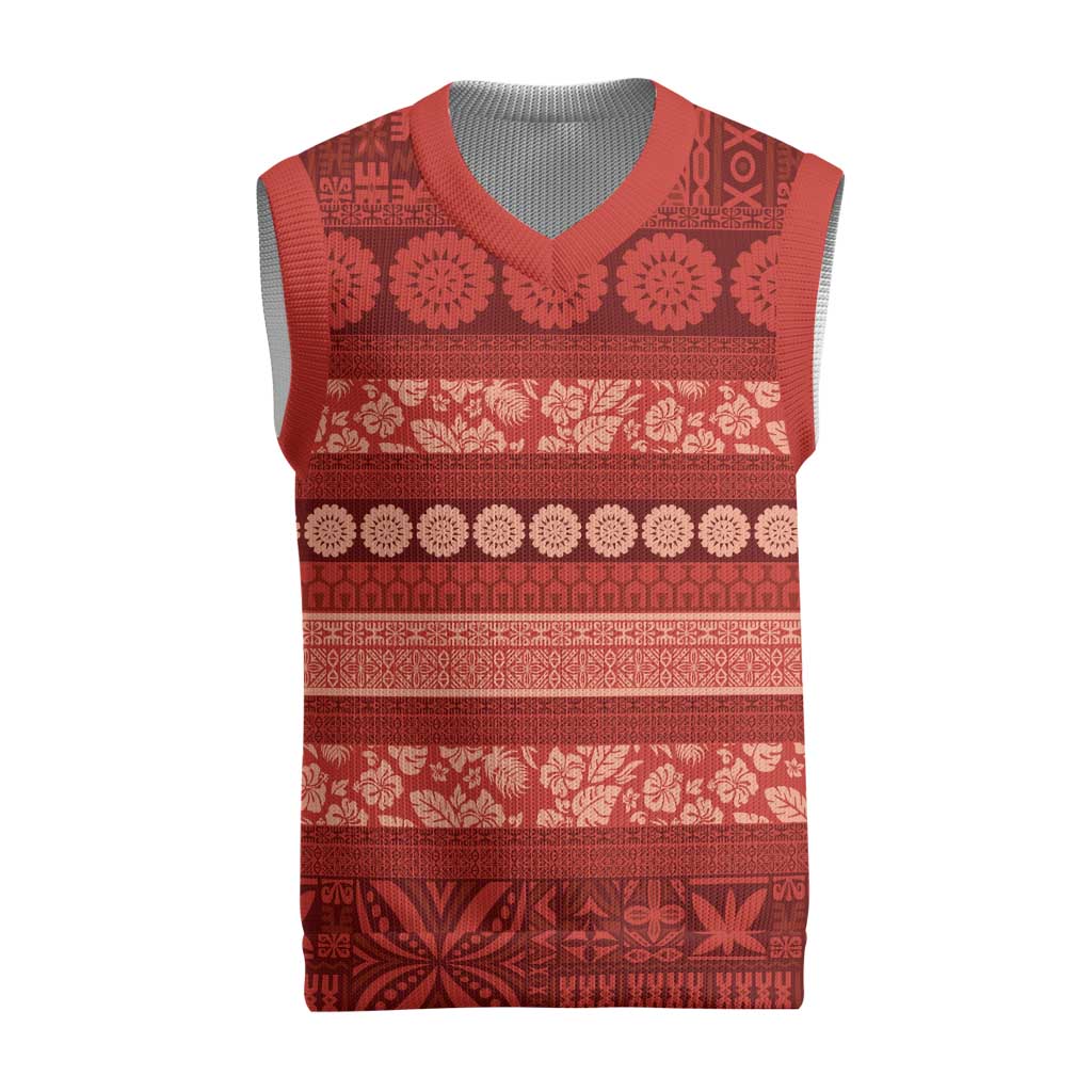 Fiji Marau na Kerisimasi Christmas Knitted V-Neck Vest Red Tapa Masi Inspired Christmas - Polynesian Pride