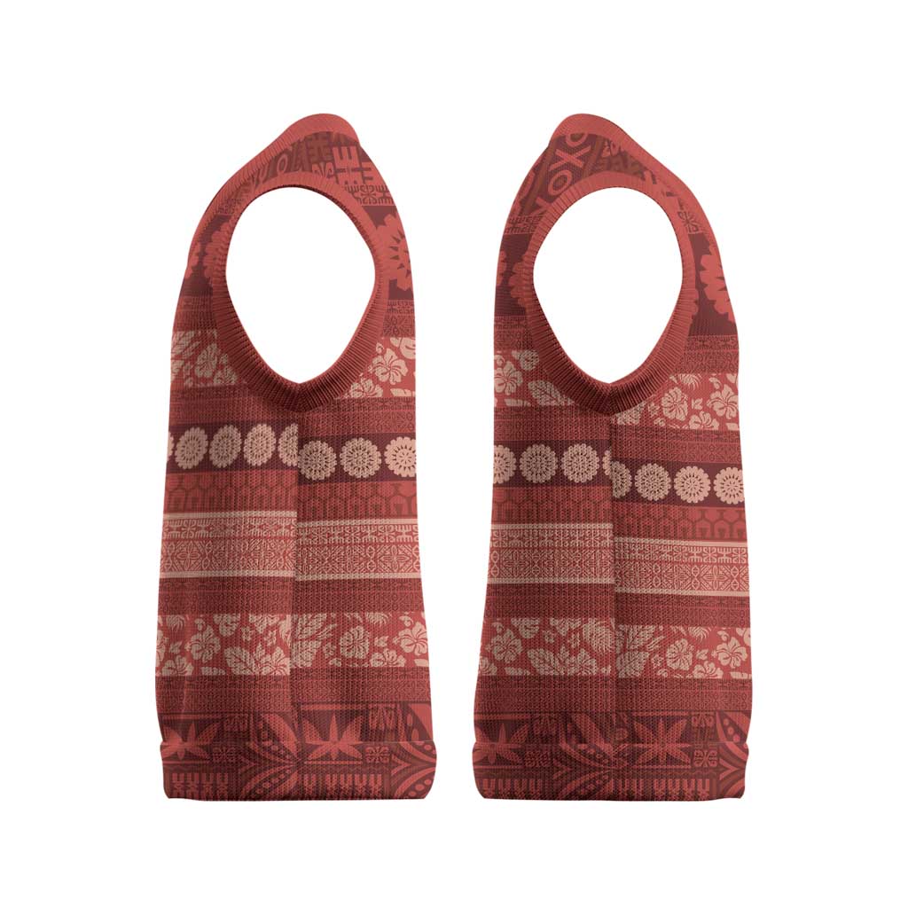 Fiji Marau na Kerisimasi Christmas Knitted V-Neck Vest Red Tapa Masi Inspired Christmas - Polynesian Pride