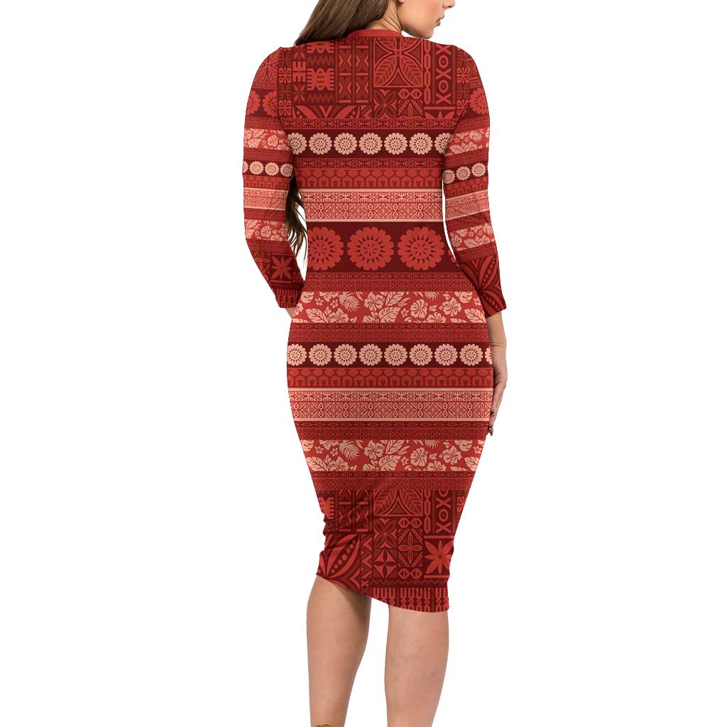 Fiji Marau na Kerisimasi Long Sleeve Bodycon Dress Red Tapa Masi Inspired Christmas - Polynesian Pride