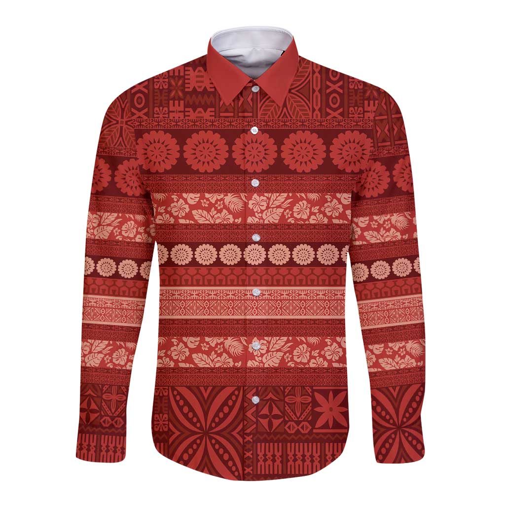 Fiji Marau na Kerisimasi Long Sleeve Button Shirt Red Tapa Masi Inspired Christmas - Polynesian Pride