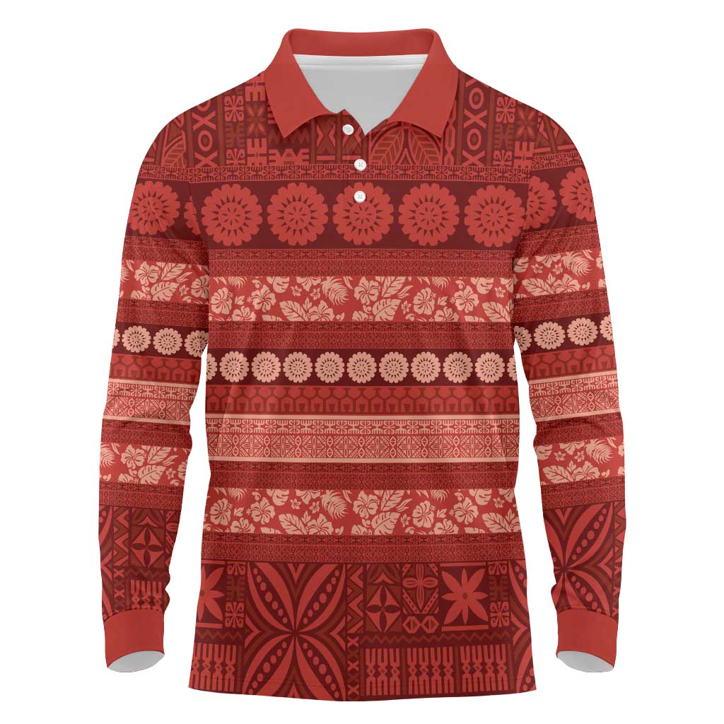 Fiji Marau na Kerisimasi Long Sleeve Polo Shirt Red Tapa Masi Inspired Christmas - Polynesian Pride