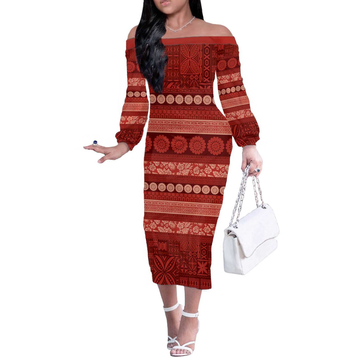 Fiji Marau na Kerisimasi Off The Shoulder Long Sleeve Dress Red Tapa Masi Inspired Christmas - Polynesian Pride
