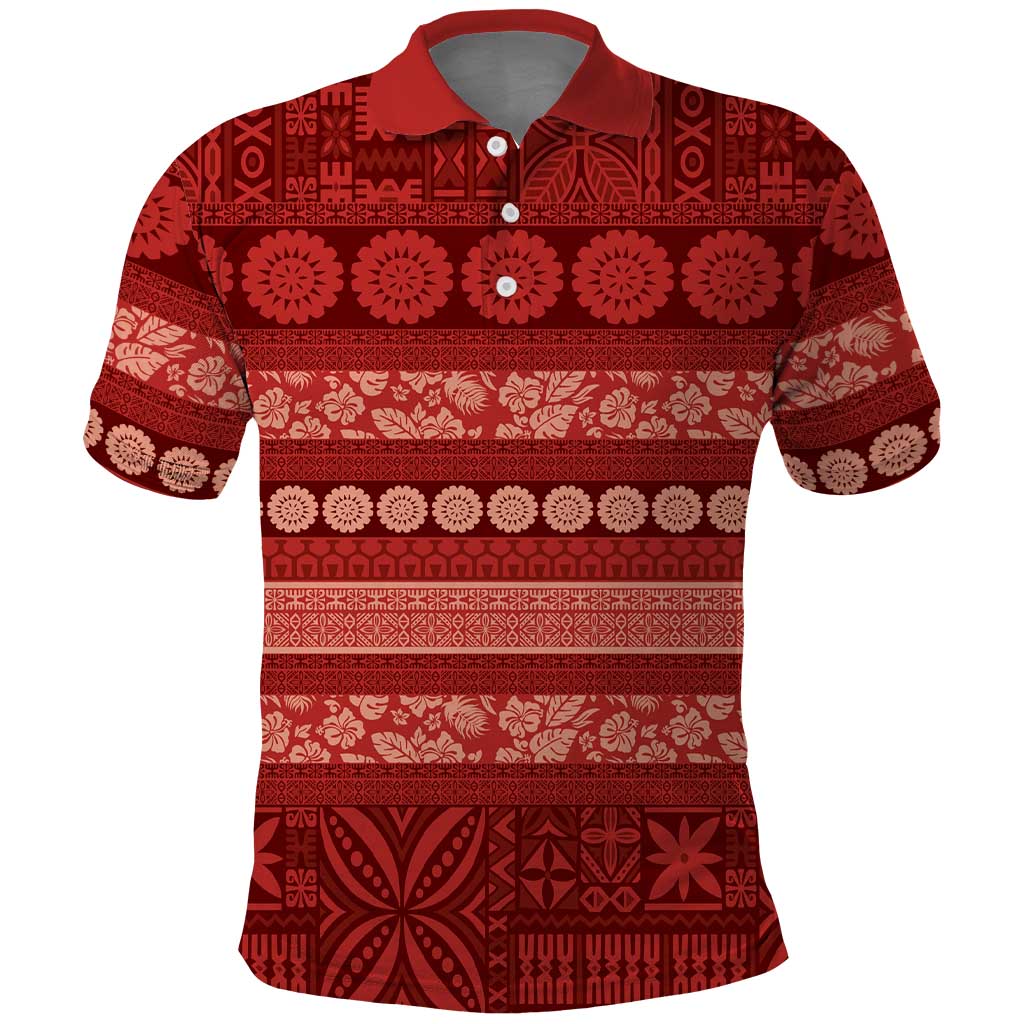 Fiji Marau na Kerisimasi Polo Shirt Red Tapa Masi Inspired Christmas - Polynesian Pride