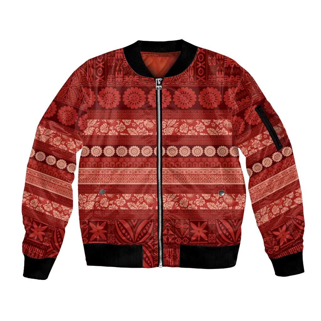 Fiji Marau na Kerisimasi Sleeve Zip Bomber Jacket Red Tapa Masi Inspired Christmas - Polynesian Pride