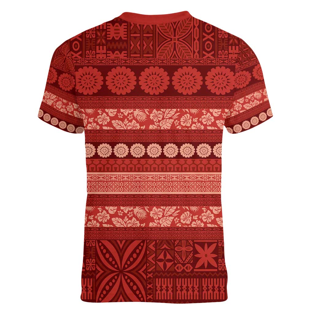 Fiji Marau na Kerisimasi Women V-Neck T-Shirt Red Tapa Masi Inspired Christmas - Polynesian Pride