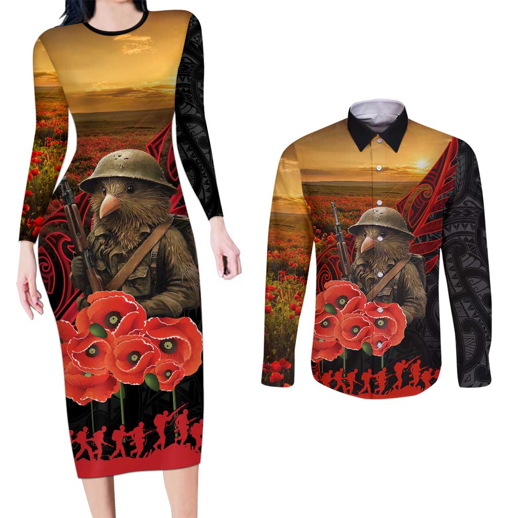 Maori Kiwi Soldier Fern Tattoo ANZAC Day Couples Matching Long Sleeve Bodycon Dress and Long Sleeve Button Shirt Lest We Forget