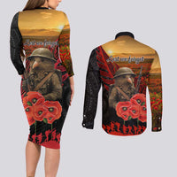 Maori Kiwi Soldier Fern Tattoo ANZAC Day Couples Matching Long Sleeve Bodycon Dress and Long Sleeve Button Shirt Lest We Forget