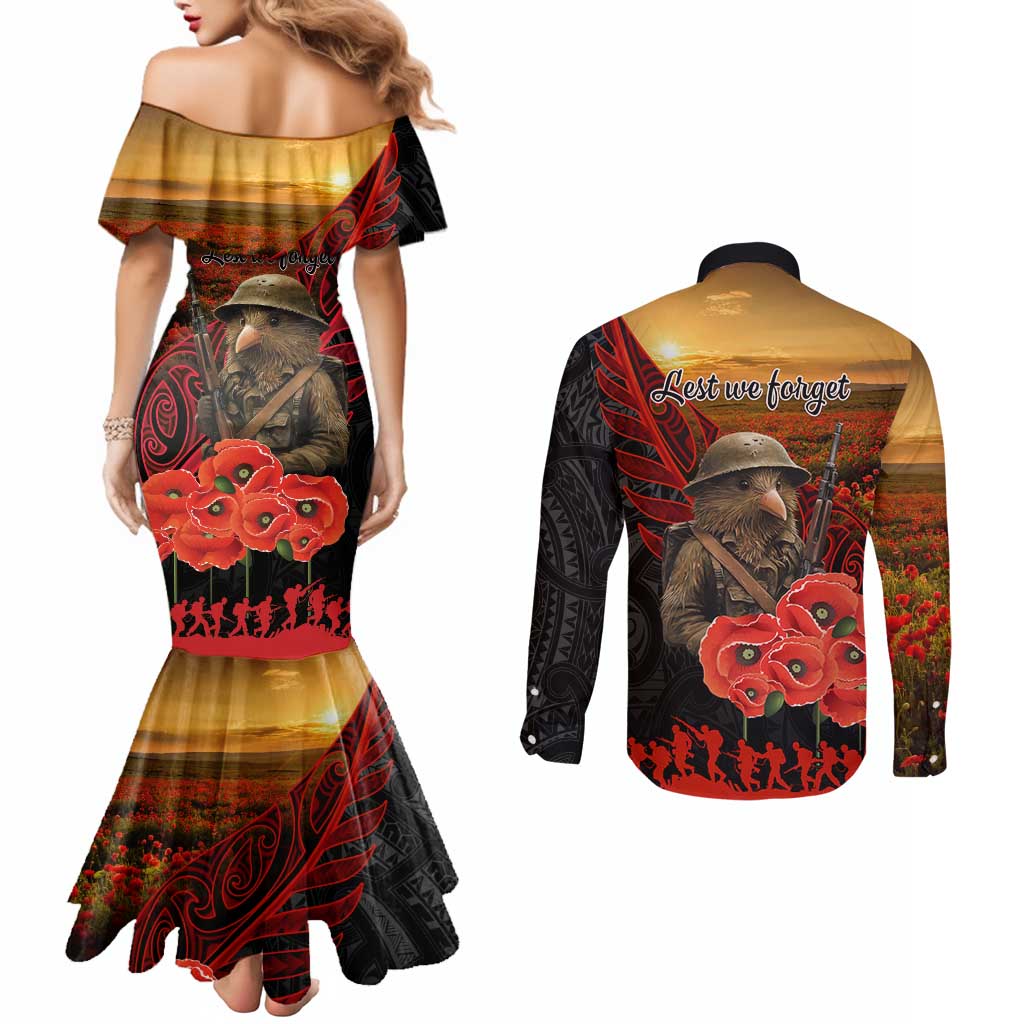 Maori Kiwi Soldier Fern Tattoo ANZAC Day Couples Matching Mermaid Dress and Long Sleeve Button Shirt Lest We Forget