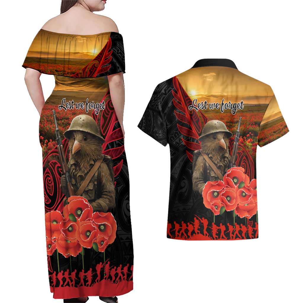 Maori Kiwi Soldier Fern Tattoo ANZAC Day Couples Matching Off Shoulder Maxi Dress and Hawaiian Shirt Lest We Forget