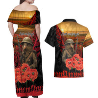 Maori Kiwi Soldier Fern Tattoo ANZAC Day Couples Matching Off Shoulder Maxi Dress and Hawaiian Shirt Lest We Forget