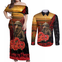 Maori Kiwi Soldier Fern Tattoo ANZAC Day Couples Matching Off Shoulder Maxi Dress and Long Sleeve Button Shirt Lest We Forget