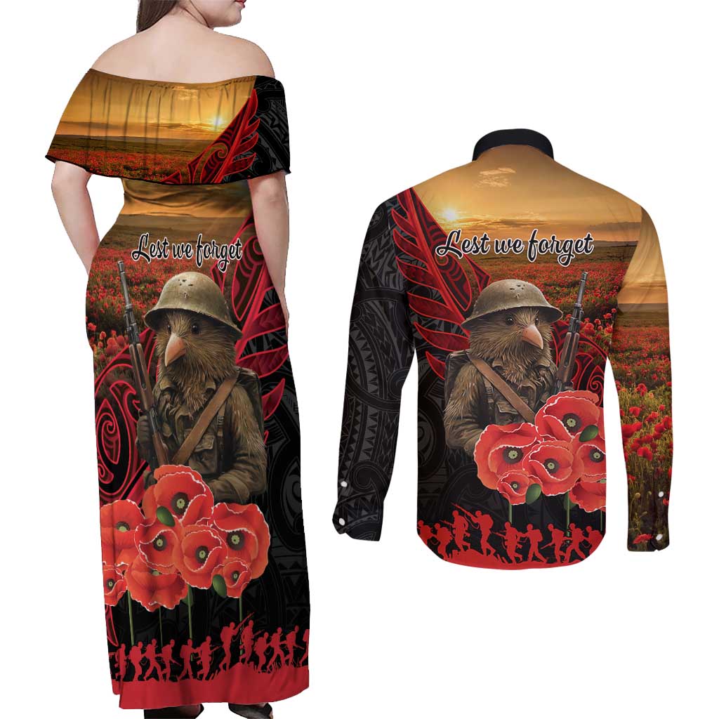 Maori Kiwi Soldier Fern Tattoo ANZAC Day Couples Matching Off Shoulder Maxi Dress and Long Sleeve Button Shirt Lest We Forget