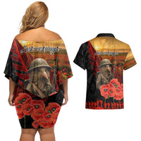 Maori Kiwi Soldier Fern Tattoo ANZAC Day Couples Matching Off Shoulder Short Dress and Hawaiian Shirt Lest We Forget