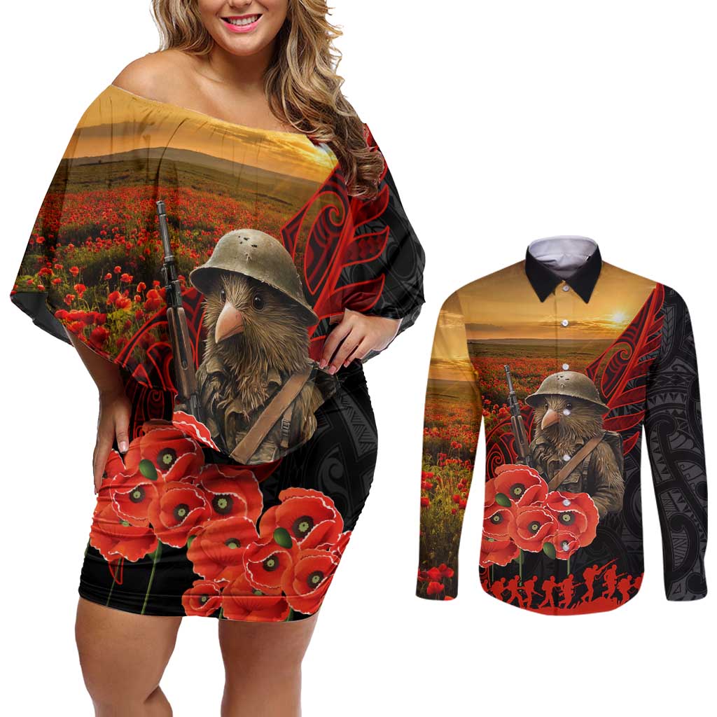 Maori Kiwi Soldier Fern Tattoo ANZAC Day Couples Matching Off Shoulder Short Dress and Long Sleeve Button Shirt Lest We Forget