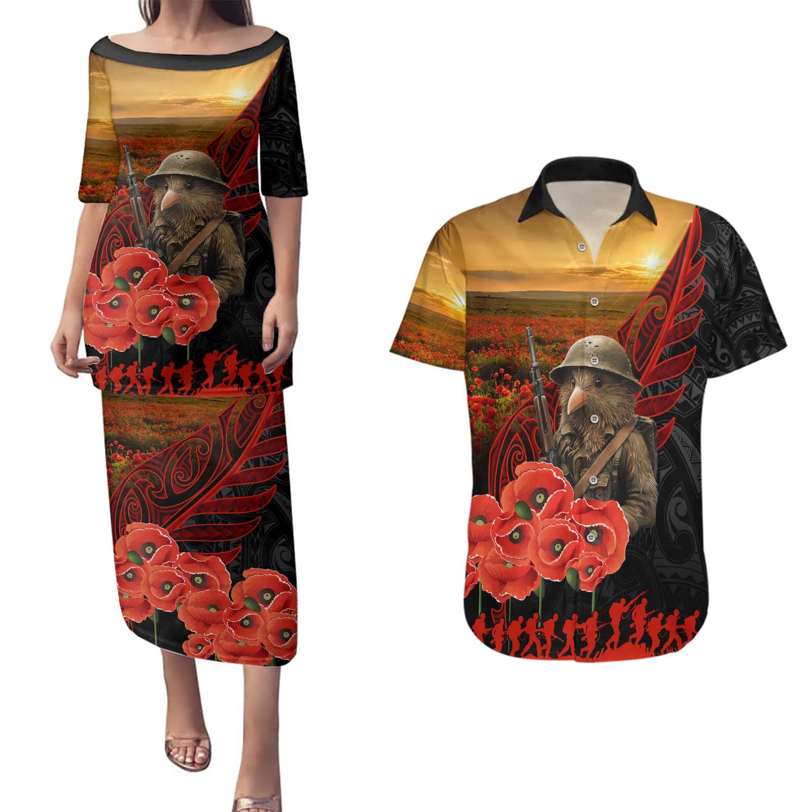 Maori Kiwi Soldier Fern Tattoo ANZAC Day Couples Matching Puletasi and Hawaiian Shirt Lest We Forget
