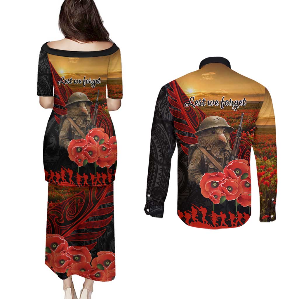 Maori Kiwi Soldier Fern Tattoo ANZAC Day Couples Matching Puletasi and Long Sleeve Button Shirt Lest We Forget