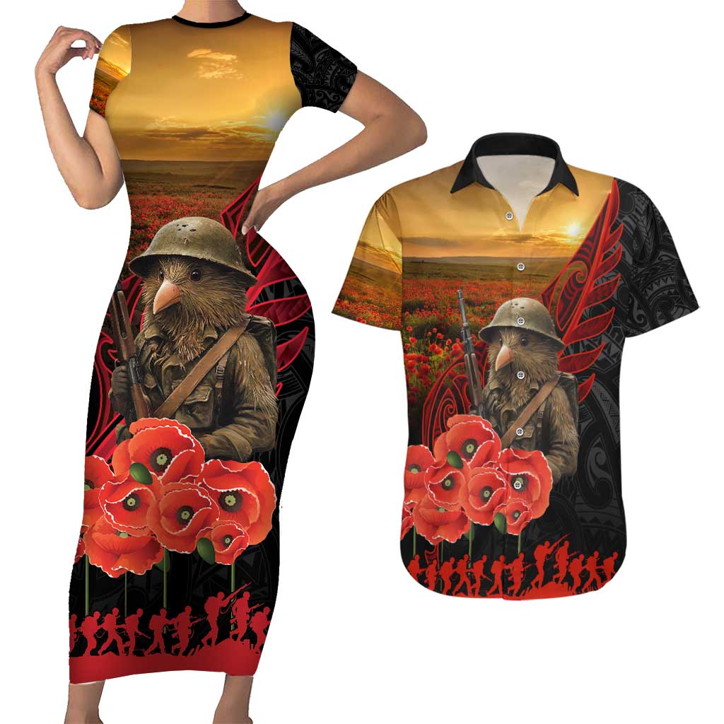 Maori Kiwi Soldier Fern Tattoo ANZAC Day Couples Matching Short Sleeve Bodycon Dress and Hawaiian Shirt Lest We Forget