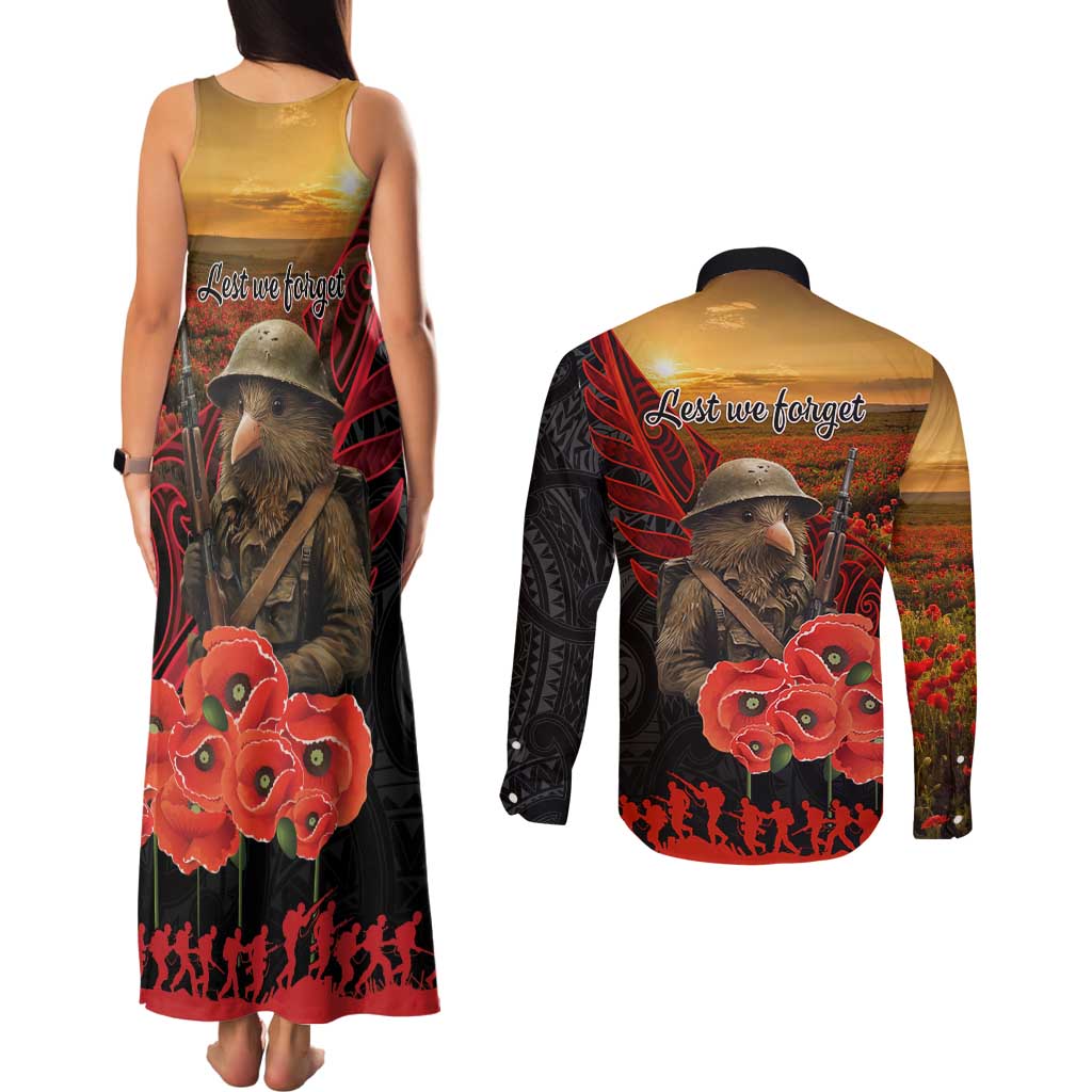 Maori Kiwi Soldier Fern Tattoo ANZAC Day Couples Matching Tank Maxi Dress and Long Sleeve Button Shirt Lest We Forget
