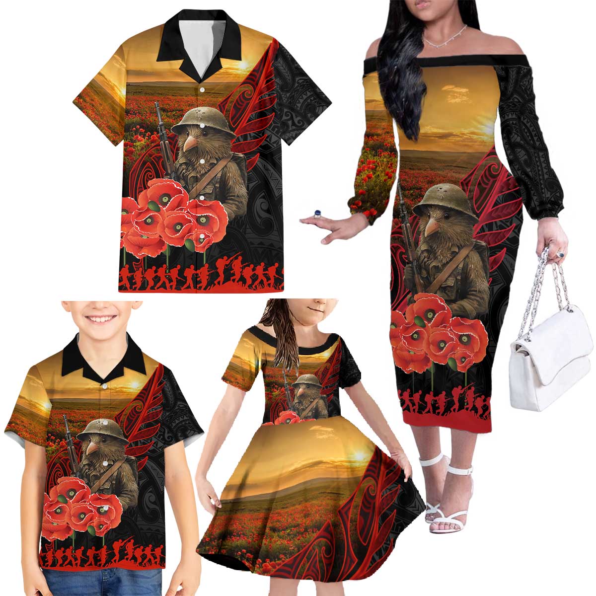 Maori Kiwi Soldier Fern Tattoo ANZAC Day Family Matching Off The Shoulder Long Sleeve Dress and Hawaiian Shirt Lest We Forget
