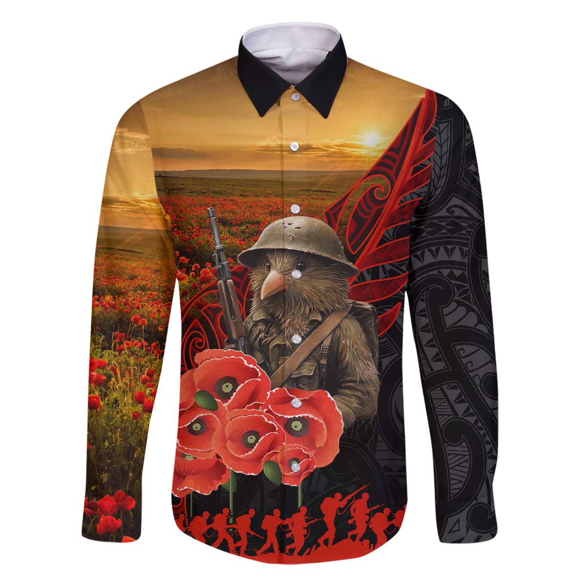 Maori Kiwi Soldier Fern Tattoo ANZAC Day Family Matching Off The Shoulder Long Sleeve Dress and Hawaiian Shirt Lest We Forget