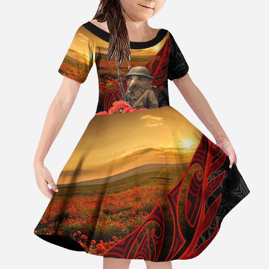 Maori Kiwi Soldier Fern Tattoo ANZAC Day Family Matching Short Sleeve Bodycon Dress and Hawaiian Shirt Lest We Forget