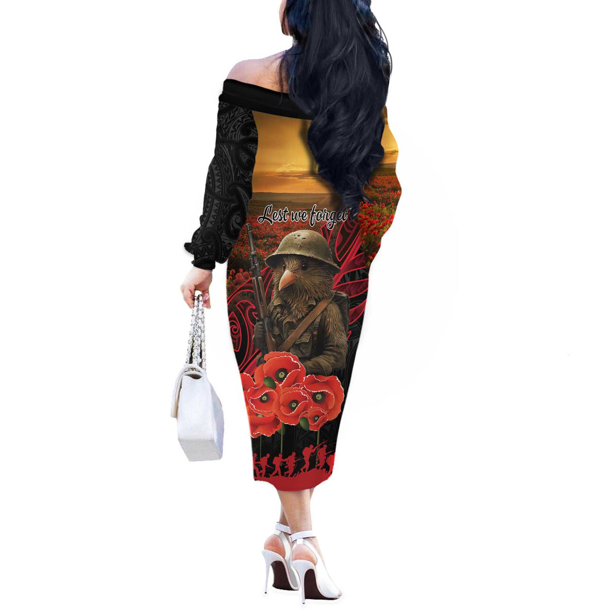 Maori Kiwi Soldier Fern Tattoo ANZAC Day Off The Shoulder Long Sleeve Dress Lest We Forget