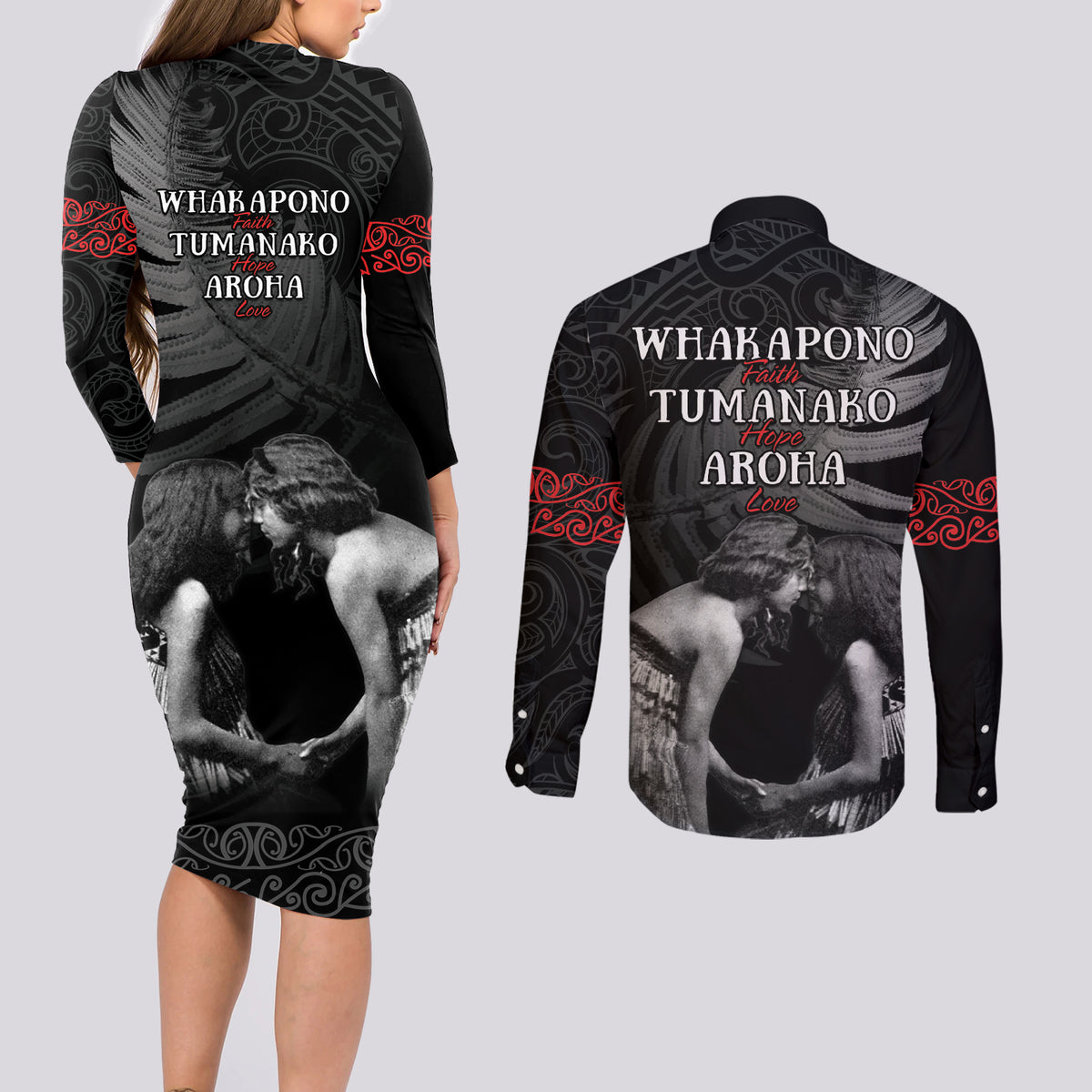 New Zealand Mother's Day Couples Matching Long Sleeve Bodycon Dress and Long Sleeve Button Shirt Maori Hongi Aroha Ahau Ki A Koe Mama LT9 - Polynesian Pride