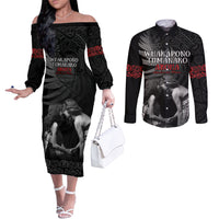 New Zealand Mother's Day Couples Matching Off The Shoulder Long Sleeve Dress and Long Sleeve Button Shirt Maori Hongi Aroha Ahau Ki A Koe Mama LT9 Black - Polynesian Pride