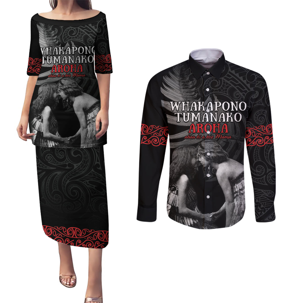 New Zealand Mother's Day Couples Matching Puletasi and Long Sleeve Button Shirt Maori Hongi Aroha Ahau Ki A Koe Mama
