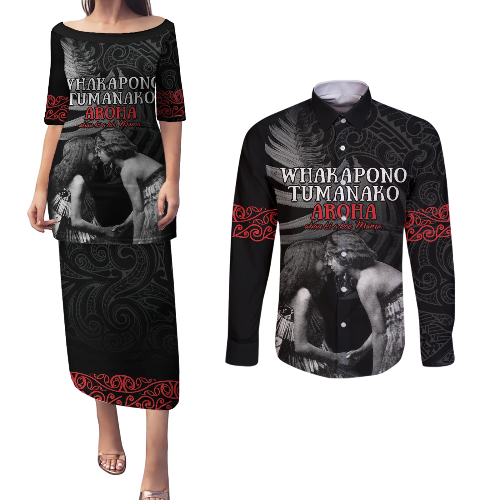New Zealand Mother's Day Couples Matching Puletasi and Long Sleeve Button Shirt Maori Hongi Aroha Ahau Ki A Koe Mama