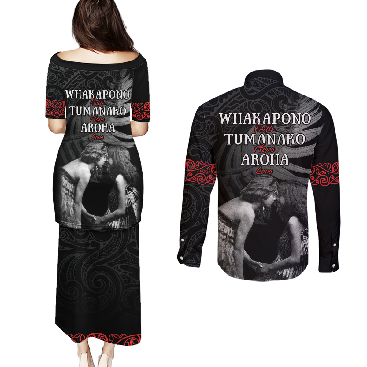 New Zealand Mother's Day Couples Matching Puletasi and Long Sleeve Button Shirt Maori Hongi Aroha Ahau Ki A Koe Mama