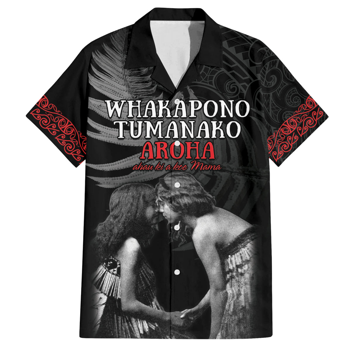 New Zealand Mother's Day Family Matching Off Shoulder Short Dress and Hawaiian Shirt Maori Hongi Aroha Ahau Ki A Koe Mama LT9 Dad's Shirt - Short Sleeve Black - Polynesian Pride