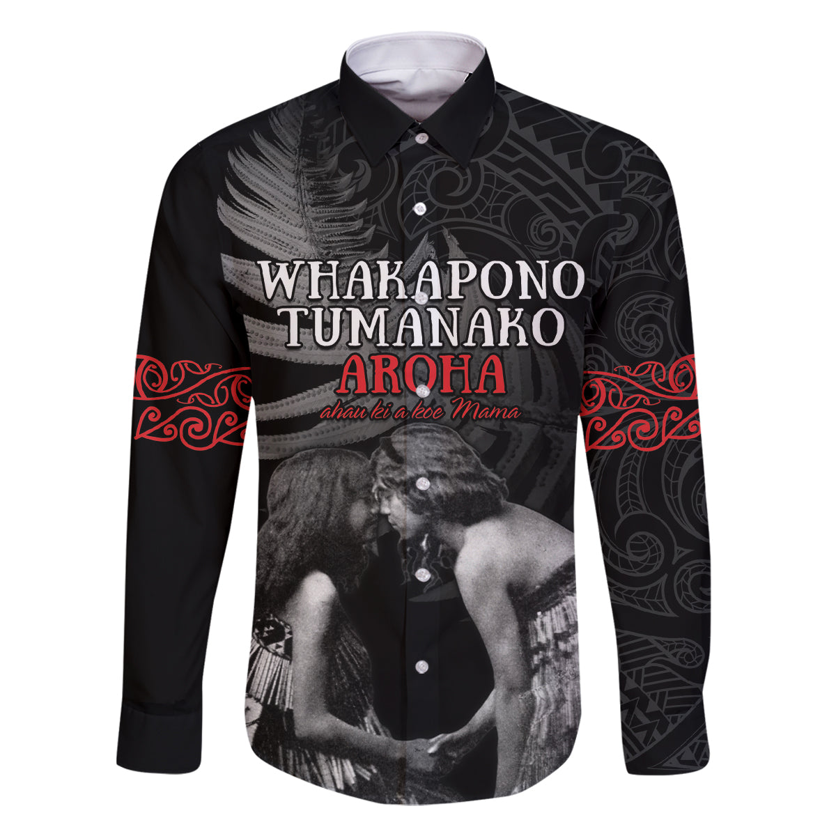 New Zealand Mother's Day Family Matching Off Shoulder Short Dress and Hawaiian Shirt Maori Hongi Aroha Ahau Ki A Koe Mama LT9 Dad's Shirt - Long Sleeve Black - Polynesian Pride