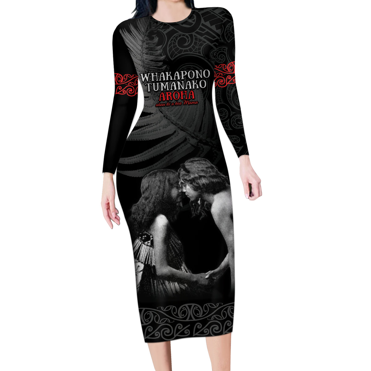 New Zealand Mother's Day Long Sleeve Bodycon Dress Maori Hongi Aroha Ahau Ki A Koe Mama
