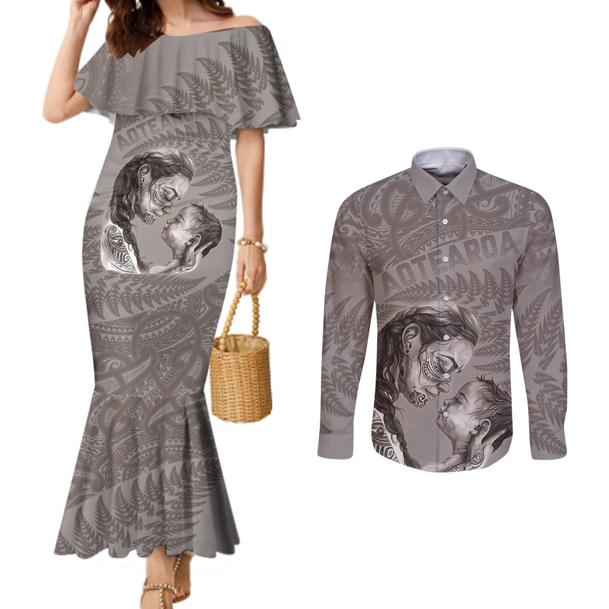 New Zealand Mother's Day Couples Matching Mermaid Dress and Long Sleeve Button Shirt Maori Mo Toku Mama Silver Fern LT9 Nude - Polynesian Pride