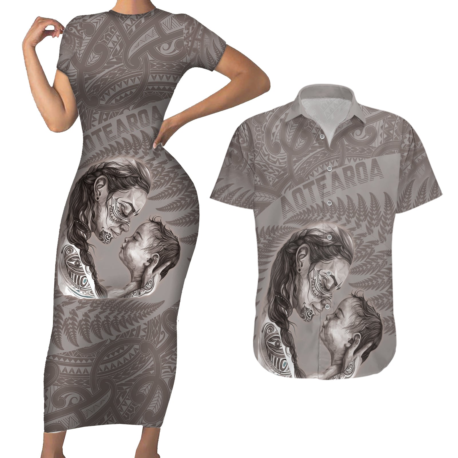 New Zealand Mother's Day Couples Matching Short Sleeve Bodycon Dress and Hawaiian Shirt Maori Mo Toku Mama Silver Fern