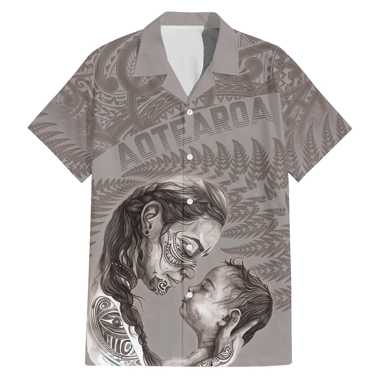New Zealand Mother's Day Family Matching Mermaid Dress and Hawaiian Shirt Maori Mo Toku Mama Silver Fern LT9 Dad's Shirt - Short Sleeve Nude - Polynesian Pride
