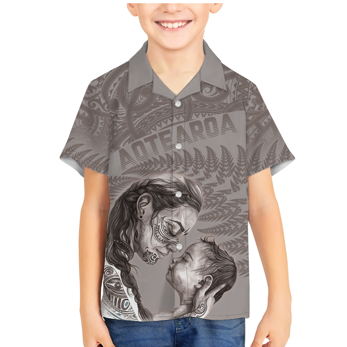 New Zealand Mother's Day Family Matching Mermaid Dress and Hawaiian Shirt Maori Mo Toku Mama Silver Fern LT9 Son's Shirt Nude - Polynesian Pride