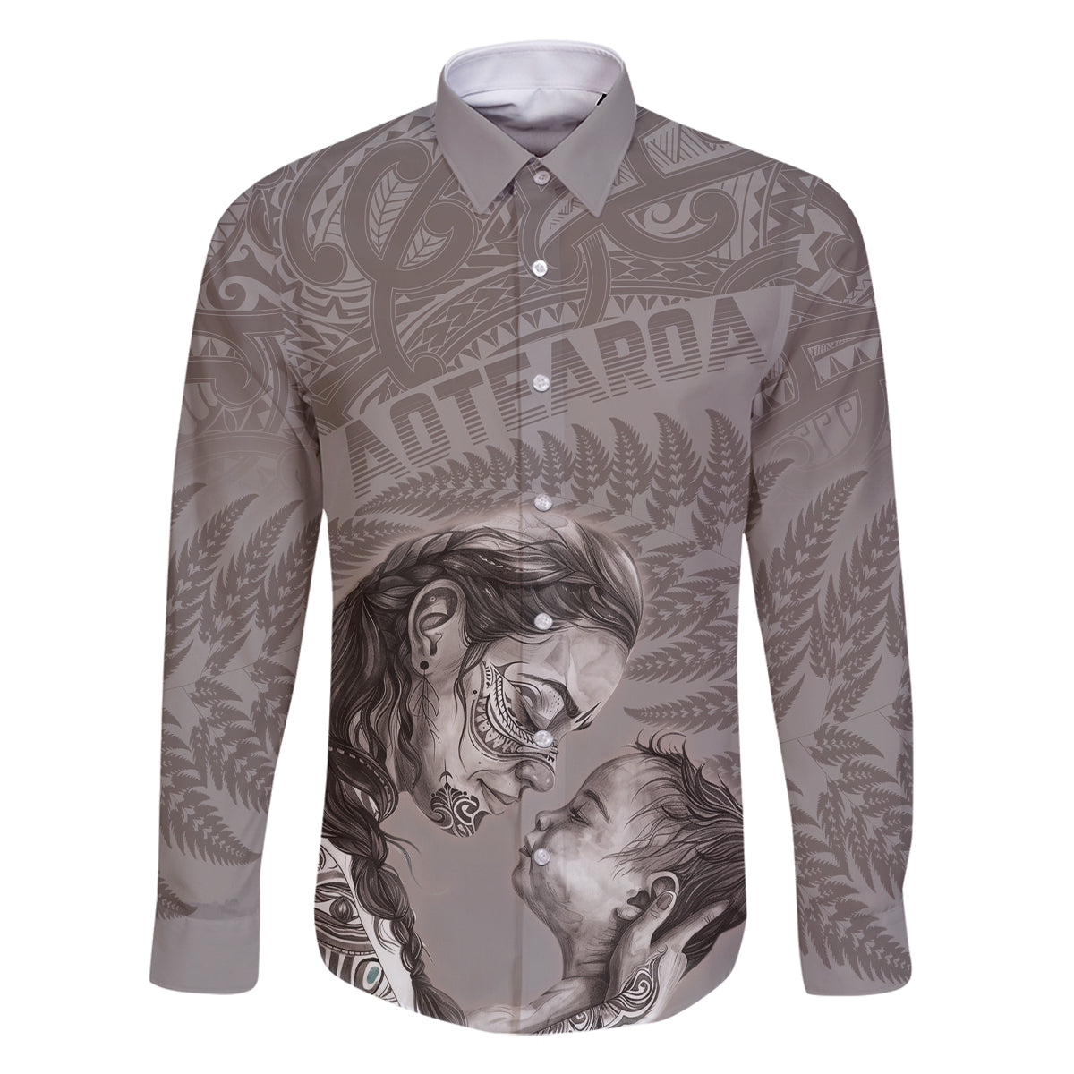 New Zealand Mother's Day Family Matching Off Shoulder Short Dress and Hawaiian Shirt Maori Mo Toku Mama Silver Fern LT9 Dad's Shirt - Long Sleeve Nude - Polynesian Pride