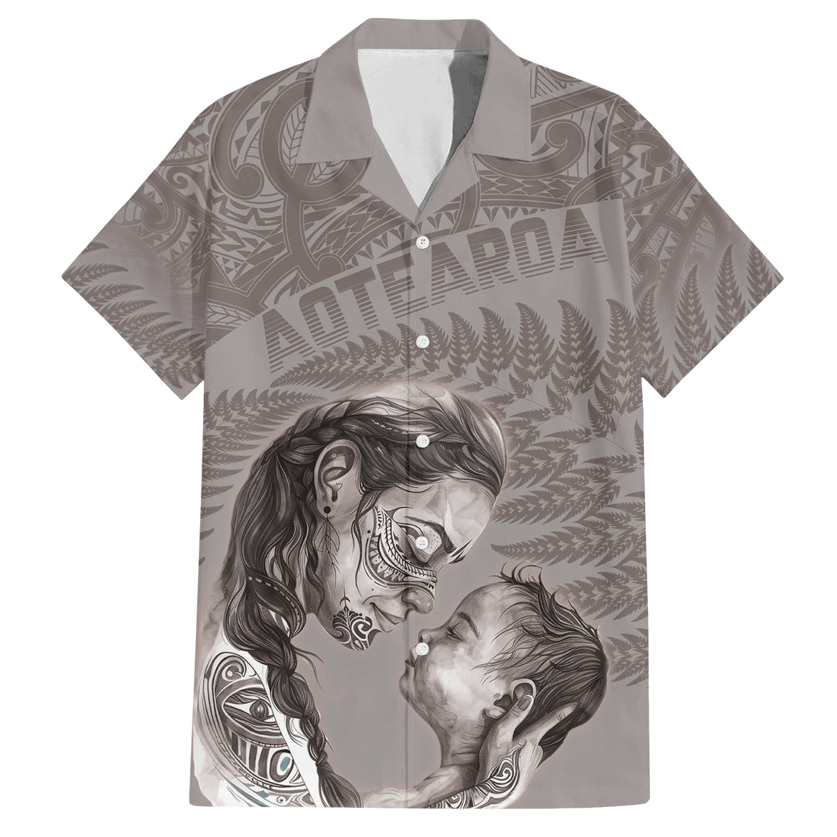 New Zealand Mother's Day Family Matching Summer Maxi Dress and Hawaiian Shirt Maori Mo Toku Mama Silver Fern LT9 Dad's Shirt - Short Sleeve Nude - Polynesian Pride
