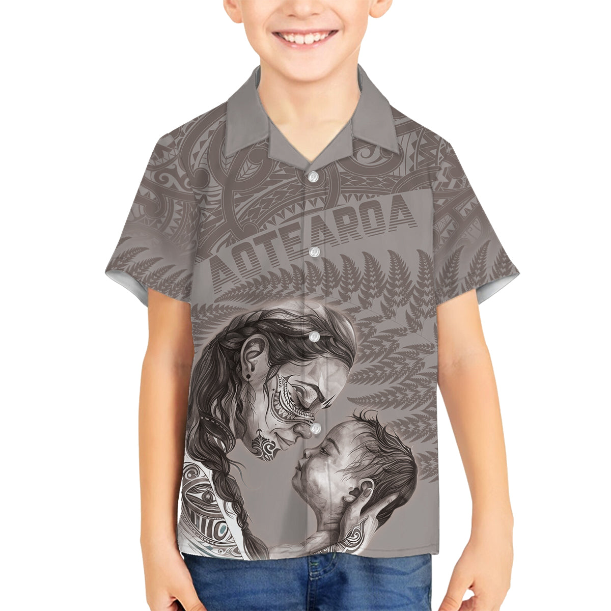New Zealand Mother's Day Family Matching Summer Maxi Dress and Hawaiian Shirt Maori Mo Toku Mama Silver Fern LT9 Son's Shirt Nude - Polynesian Pride