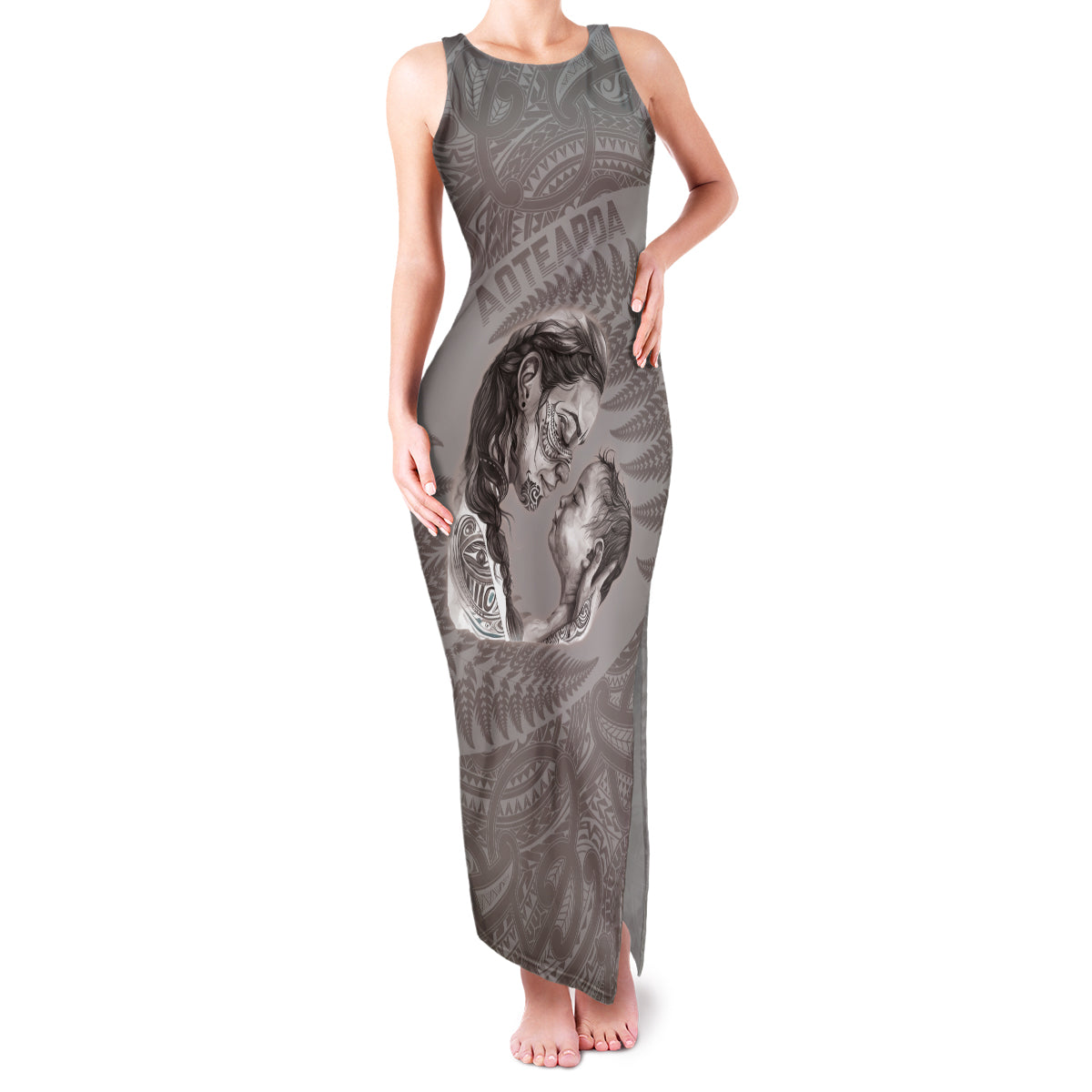 New Zealand Mother's Day Family Matching Tank Maxi Dress and Hawaiian Shirt Maori Mo Toku Mama Silver Fern LT9 Mom's Dress Nude - Polynesian Pride