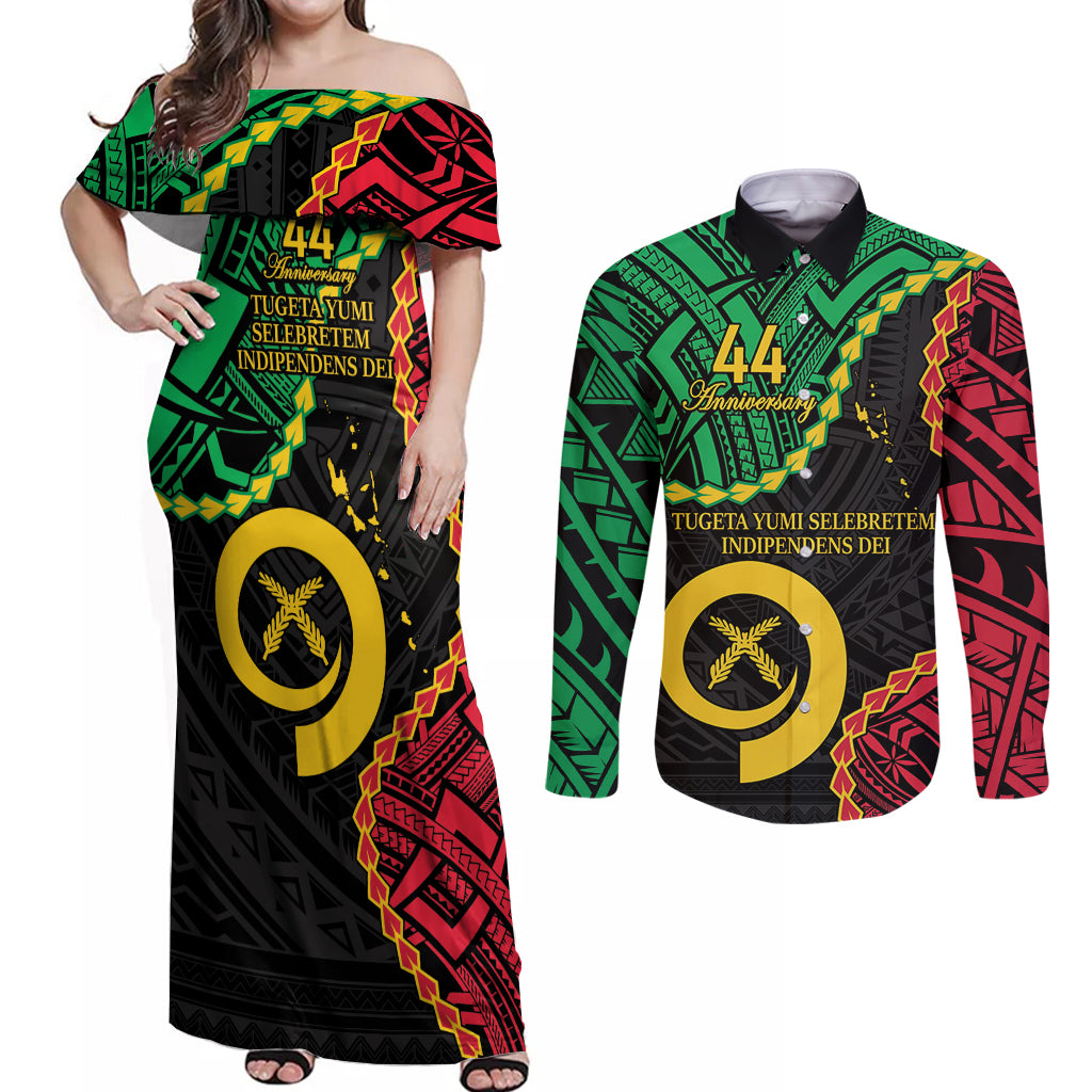 Personalised Vanuatu 44th Anniversary Couples Matching Off Shoulder Maxi Dress and Long Sleeve Button Shirt Tugeta Yumi Selebretem Indipendens Dei LT9 Black - Polynesian Pride
