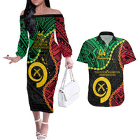 Personalised Vanuatu 44th Anniversary Couples Matching Off The Shoulder Long Sleeve Dress and Hawaiian Shirt Tugeta Yumi Selebretem Indipendens Dei