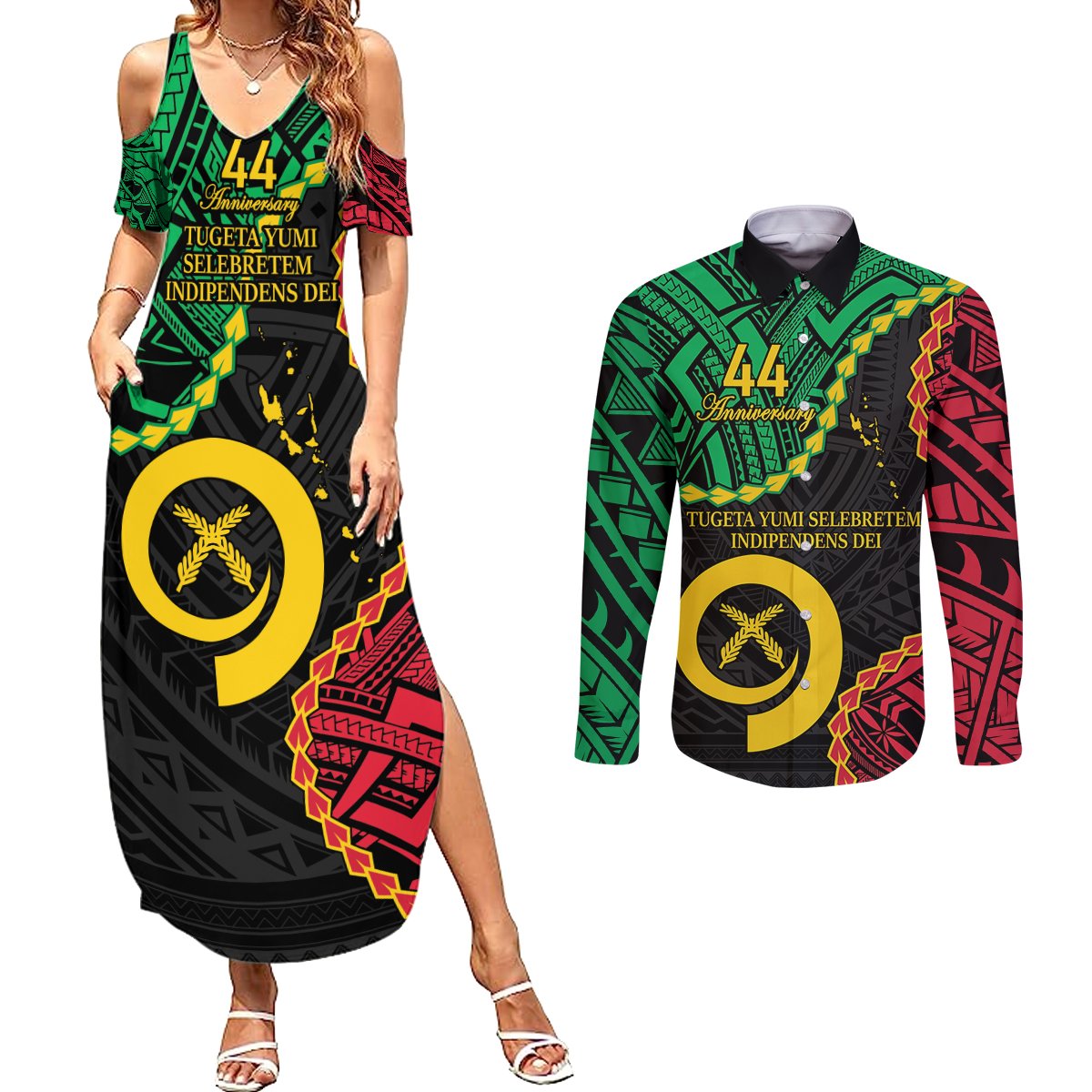 Personalised Vanuatu 44th Anniversary Couples Matching Summer Maxi Dress and Long Sleeve Button Shirt Tugeta Yumi Selebretem Indipendens Dei LT9 Black - Polynesian Pride