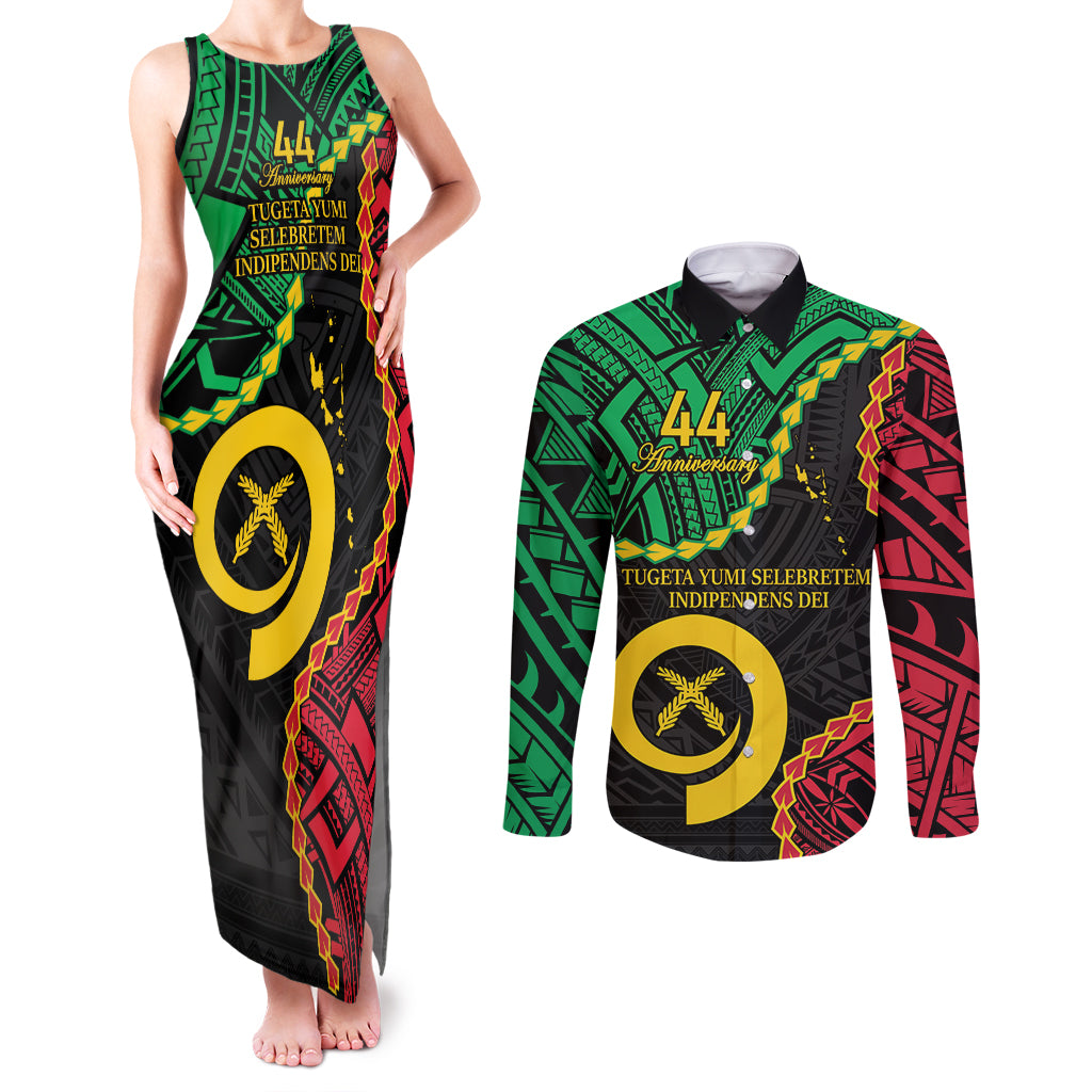 Personalised Vanuatu 44th Anniversary Couples Matching Tank Maxi Dress and Long Sleeve Button Shirt Tugeta Yumi Selebretem Indipendens Dei LT9 Black - Polynesian Pride