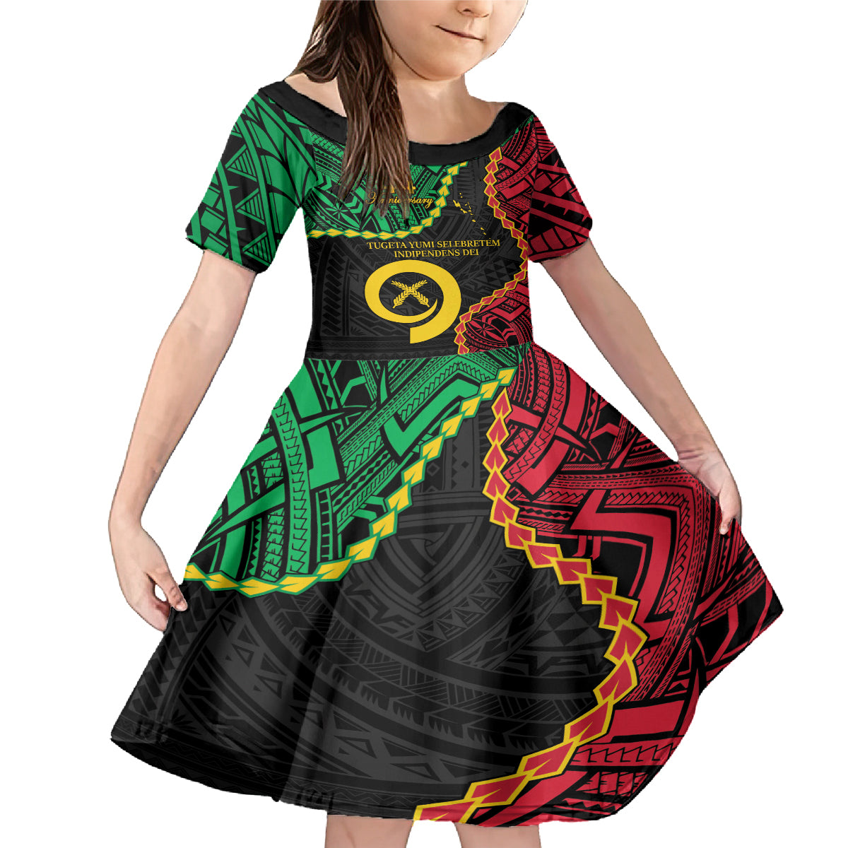 Personalised Vanuatu 44th Anniversary Family Matching Mermaid Dress and Hawaiian Shirt Tugeta Yumi Selebretem Indipendens Dei LT9 Daughter's Dress Black - Polynesian Pride